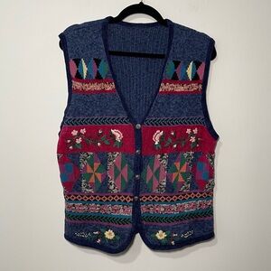 Vintage women's navy novelty patchwork grandmacore button down vest in size XL